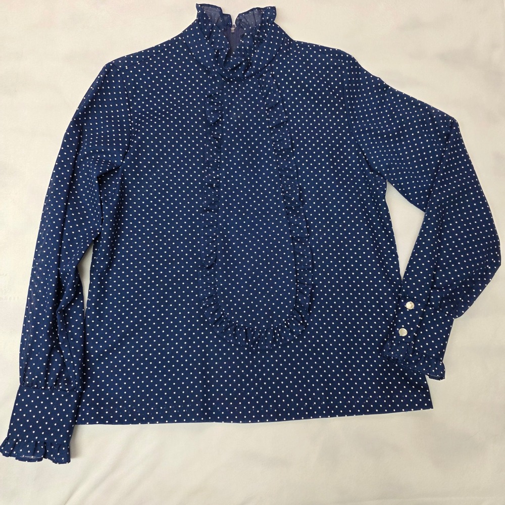 Glenbrooke Blouse Womens 14 Navy Blue Polka Dot Vintage Ruffle Neck Jabot EUC